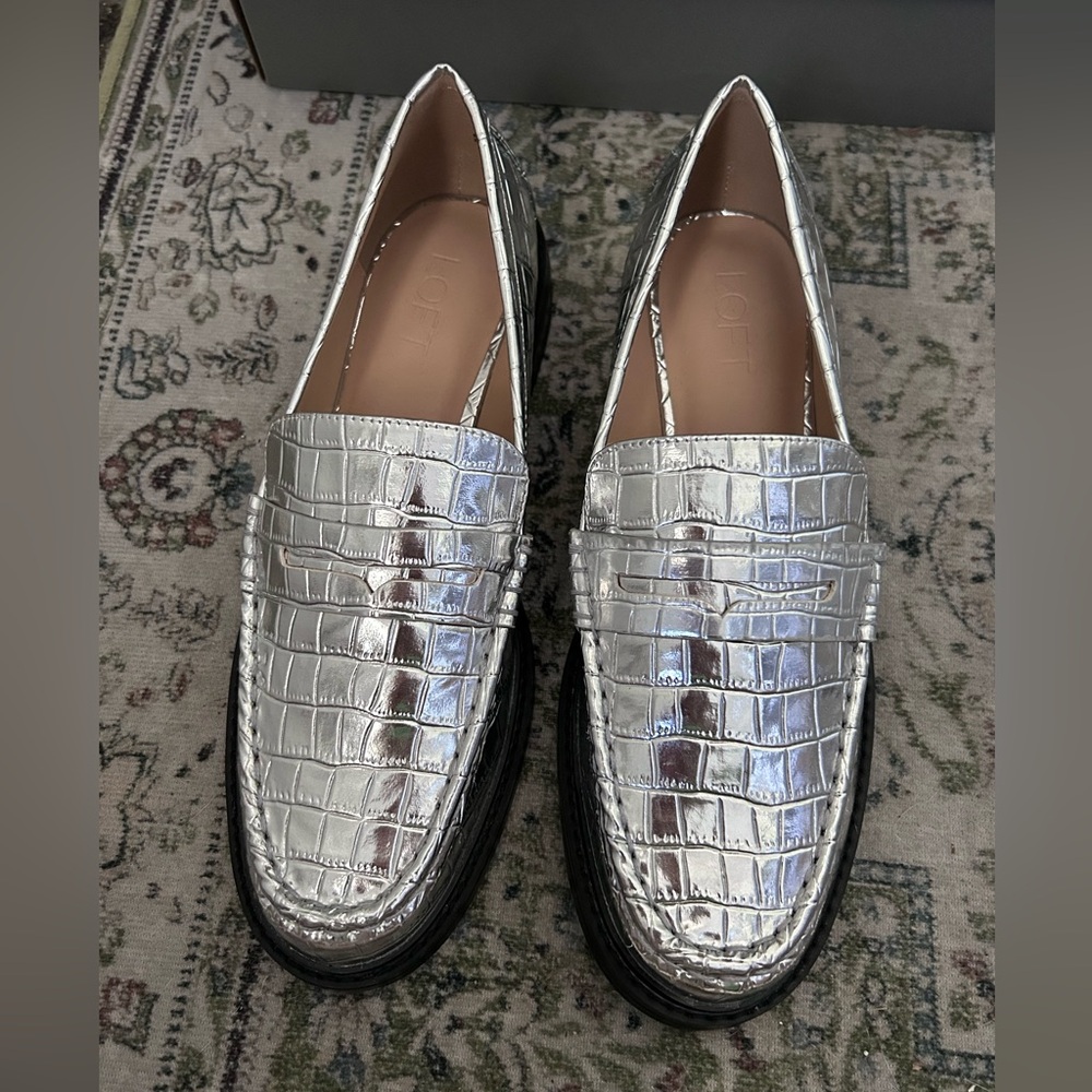 LOFT Metallic Silver Croc-Embossed Penny Loafers